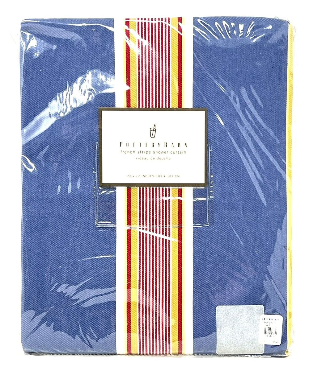 Pottery Barn French Stripe Shower Curtain COTTON TWILL Blue Red Green 72x72 NIP